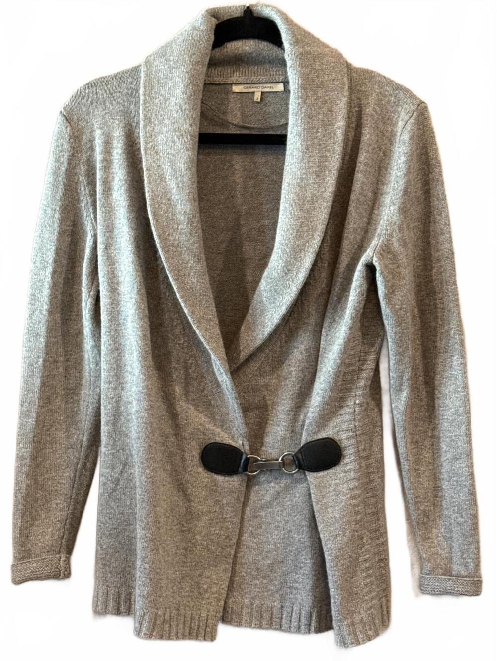 Gerard Darel Gray Knit Cardigan Sweater with Leather Clasp Size 2